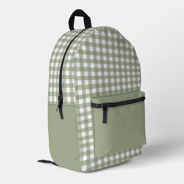 Minimalist Sage Green Plaid Pattern Printed Backpack (Back Corner Left)