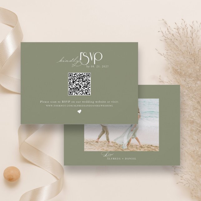 Minimalist Sage Green QR Code Wedding Website RSVP Card (Creator Uploaded)
