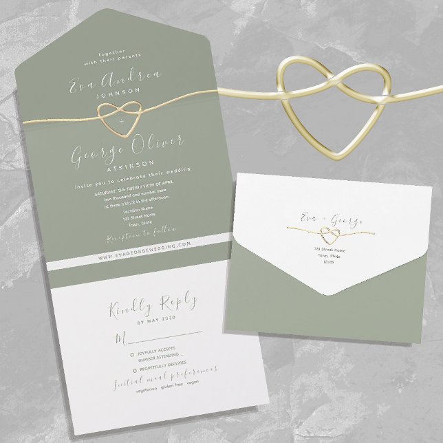 Minimalist Sage Green Rope Heart Wedding  All In One Invitation (Creator Uploaded)