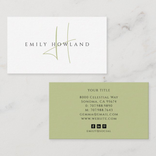 Minimalist Sage Green Script Monogram Name  Business Card (Front/Back)