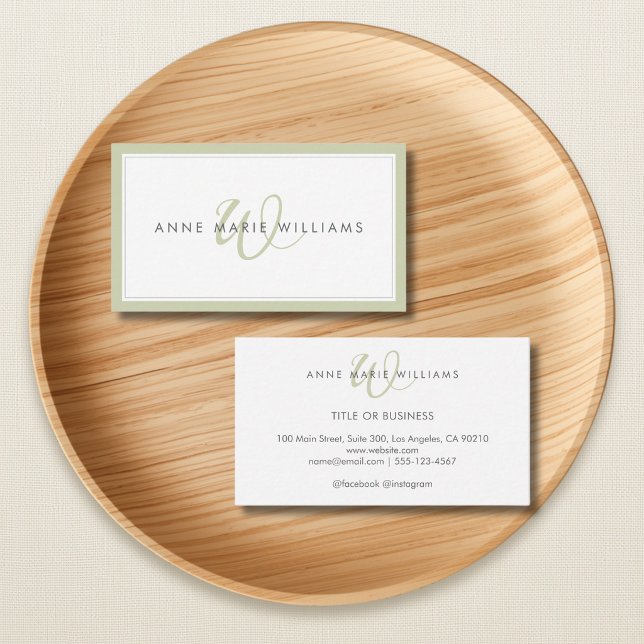Minimalist Sage Green Script Two Border Monogram Business Card (Creator Uploaded)