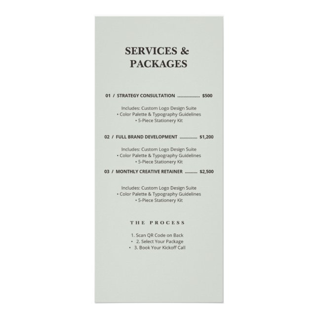 Minimalist Sage Green Services Menu QR Code Rack (Front)
