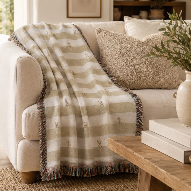 Minimalist Sage Green Striped Monogram Throw Blanket (Minimalist Sage Green Striped Monogram Throw Blanket)