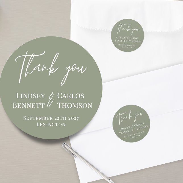 Minimalist sage green Thank you wedding Classic Round Sticker (Creator Uploaded)