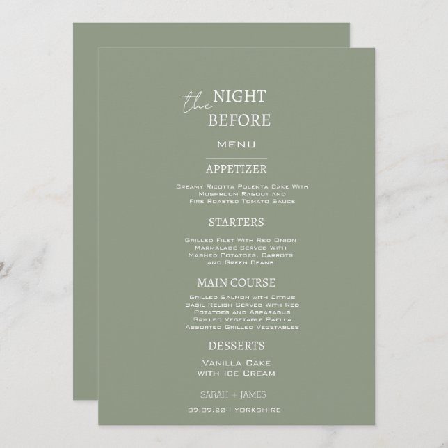 Minimalist Sage Green the Night Before Wedding  Menu (Front/Back)