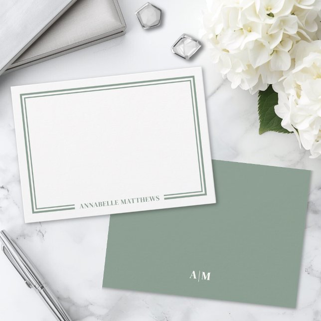 Minimalist Sage Green Two Border Monogram Card (Minimalist Sage Green Two Border Monogram Note Card )
