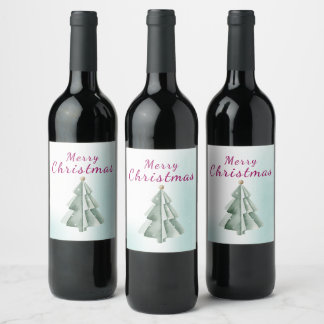 Minimalist Sage Green Watercolor Christmas Tree Wine Label