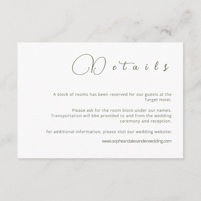 Minimalist Sage Green Wedding Details Card (Front)