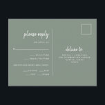 Minimalist Sage Green Wedding | Meal Choice RSVP Postcard<br><div class="desc">These elegant, minimalist wedding response postcards feature modern script typography and clean, sans serif text for a simple and stylish sage green and white design you will love. There is room to add your guests options for meal choice of entrée or dinner choice. Text is kept away from the top...</div>