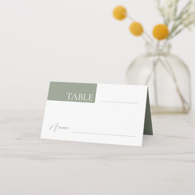 Minimalist Sage Green Wedding Table Number Name Place Card (Front)