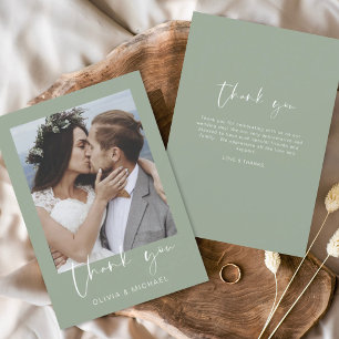 Minimalist Sage Green Wedding Thank You Photo Card