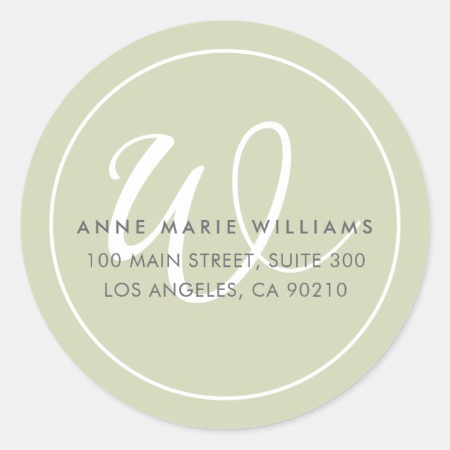 Minimalist Sage Green White Script Border Monogram Classic Round Sticker (Front)