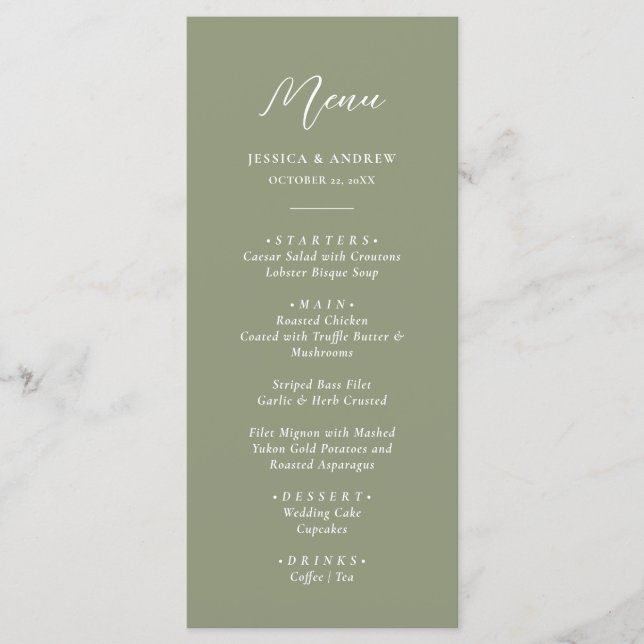 Minimalist Sage Green & White Simple Wedding Menu (Front)