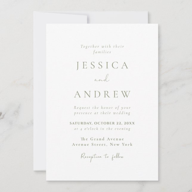 Minimalist Sage Green & White Wedding Invitation (Front)