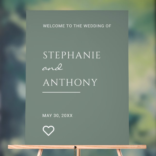 Minimalist Sage Green with Heart Modern Wedding  Acrylic Sign (Neutral)