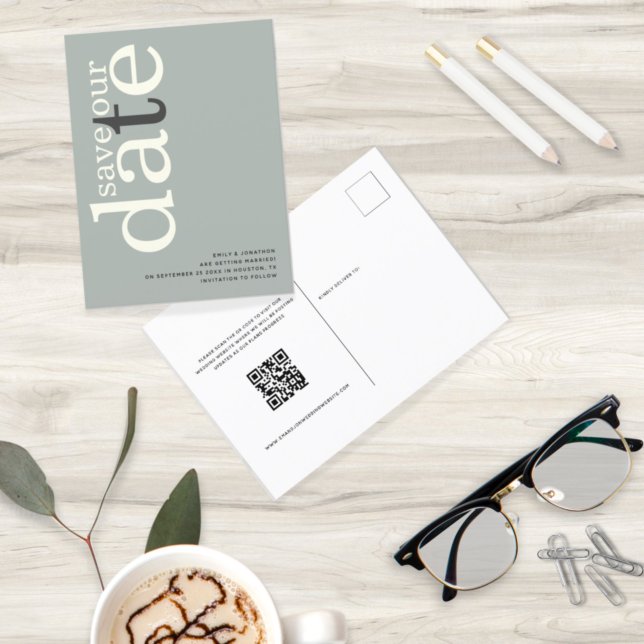 Minimalist Sage Ivory QR Code Text Save The Date Postcard (Creator Uploaded)