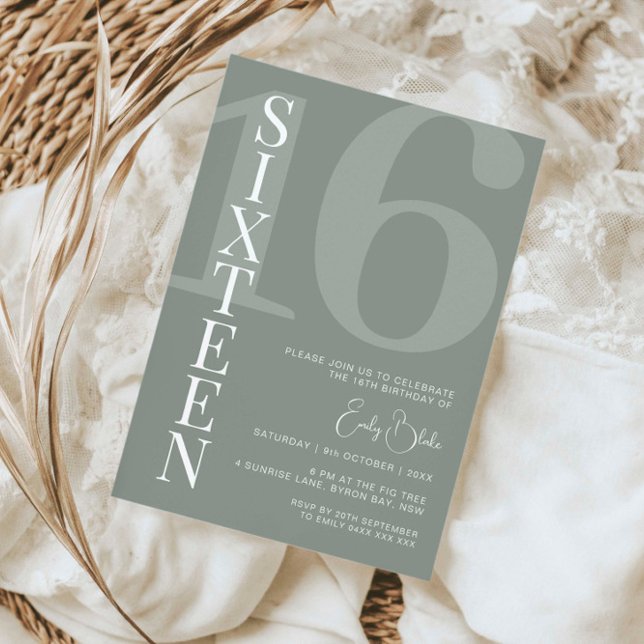 Minimalist Sage Sixteen 16th Birthday Party  Invitation (Creator Uploaded)