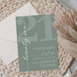 Minimalist Sage Twenty One 21st Birthday Party Invitation<br><div class="desc">This minimalist typography 21st birthday party invitation is perfect for a modern birthday party. The simple design features classic white font on sage background. Customisable in any colour. Keep the design minimal and elegant, as is, or personalise it by adding your own graphics and artwork. For more advanced customisation of...</div>