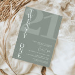 Minimalist Sage Twenty One 21st Birthday Party Invitation<br><div class="desc">This minimalist typography 21st birthday party invitation is perfect for a modern birthday party. The simple design features classic white font on sage background. Customisable in any colour. Keep the design minimal and elegant, as is, or personalise it by adding your own graphics and artwork. For more advanced customisation of...</div>