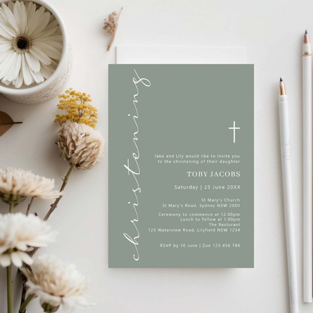 Minimalist Sage Typography Christening Invitation (Creator Uploaded)