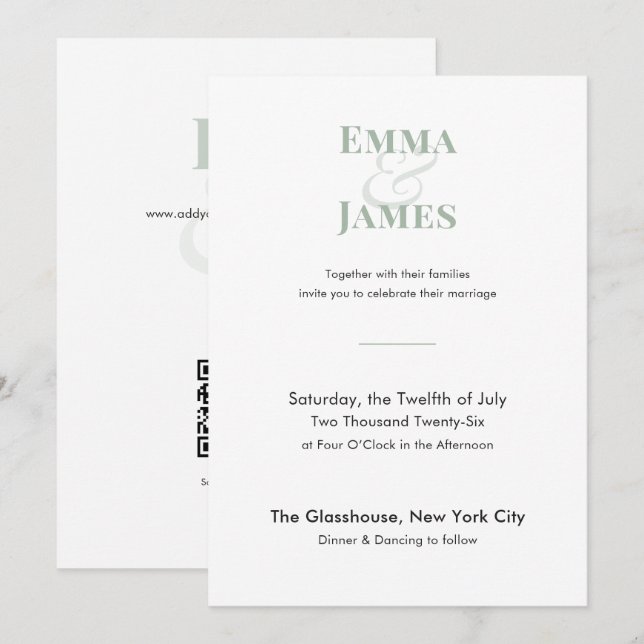 Minimalist Sage Wedding Invitation | QR Code (Front/Back)