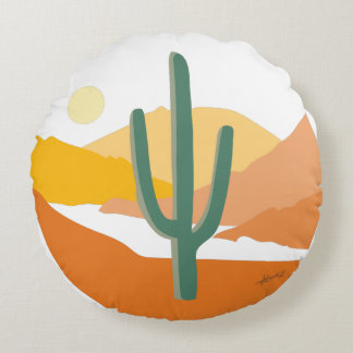 Minimalist Saguaro Cactus Desert Landscape Round Cushion