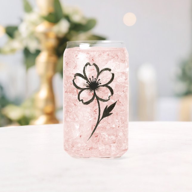 Minimalist Sakura – Ink Brush Cherry Blossom on  Can Glass (Insitu (Wedding))