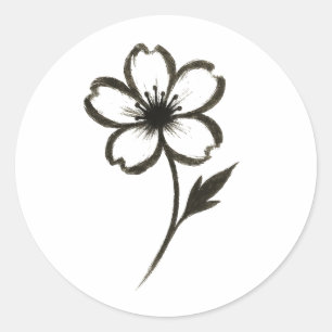 Minimalist Sakura – Ink Brush Cherry Blossom on  Classic Round Sticker