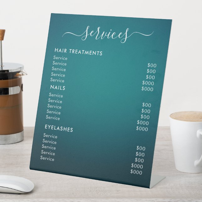 Minimalist Salon Services Price List Pedestal Sign (In SItu)