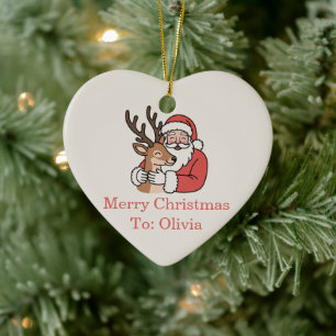Minimalist Santa & Deer Line Art Christmas Ceramic Ornament