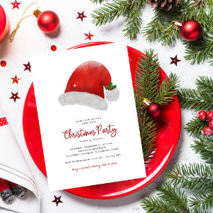 Minimalist Santa Hat Holly Berries Christmas Party Invitation