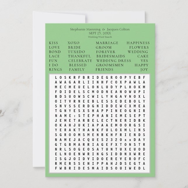 Minimalist Save the Date Word Search - Green Invitation (Front)