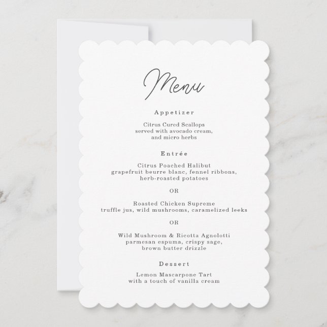 Minimalist Scalloped Script Wedding Menu Card (Front)