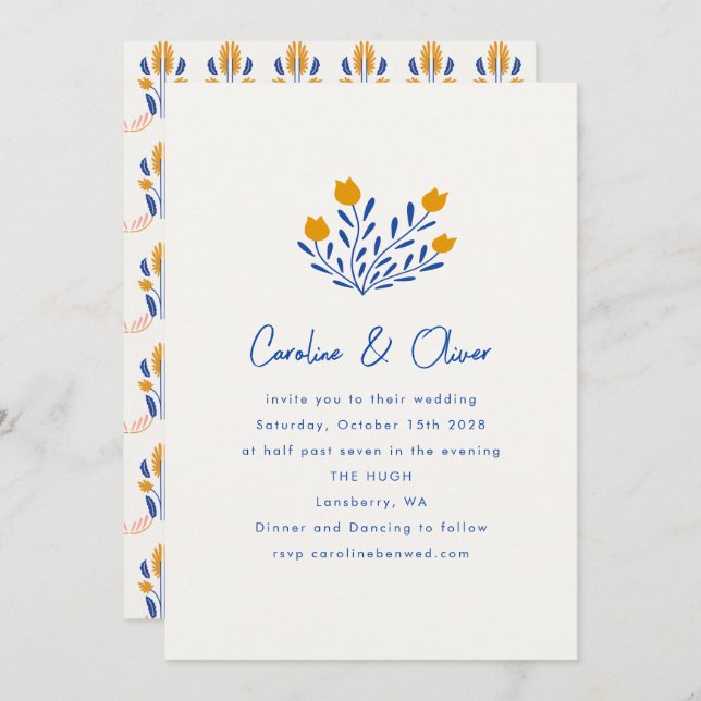 Minimalist Scandi Folk Floral Blue Yellow Wedding  Invitation (Front/Back)