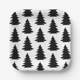 Minimalist Scandinavian Folk Black Christmas Tree Paper Plate