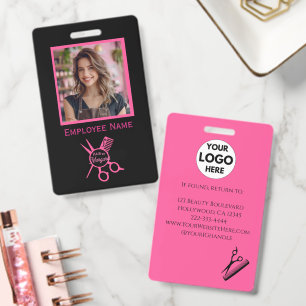 Minimalist Scissor Pink Photo Logo Hair Salon ID Badge
