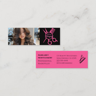 Minimalist Scissors Pink Black Photo Hair Salon Mini Business Card