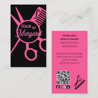 Minimalist Scissors Pink Black QR Code Hair Salon Business Card