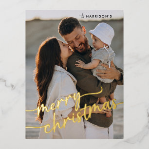 Minimalist Script 1 Photo Merry Christmas Real Foil Holiday Postcard