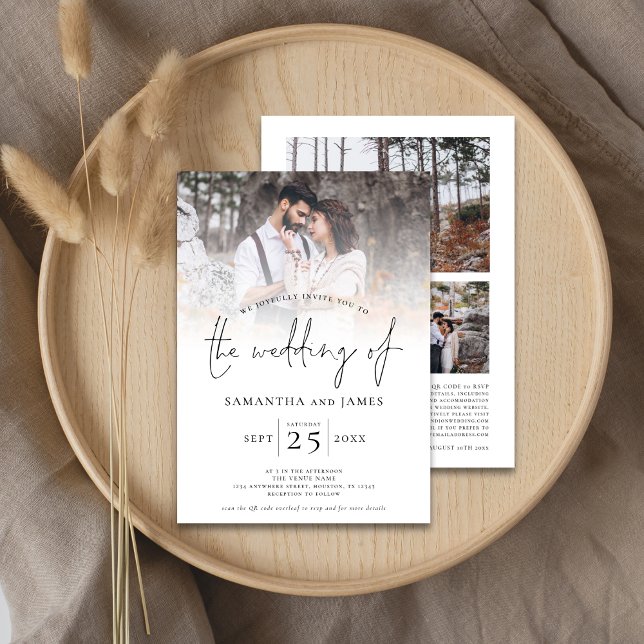 Minimalist Script 4 Photo QR Code Wedding  Invitation (Front and back view)