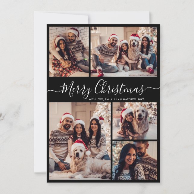 Minimalist Script Black 5 Photo Collage Christmas Holiday Card (Front)