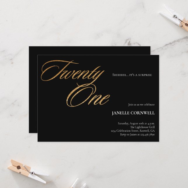 Minimalist Script Black and Gold 21st Birthday Invitation (Front/Back In Situ)