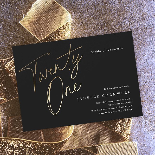 Minimalist Script Black and Gold 21st Birthday Invitation (Creator Uploaded)