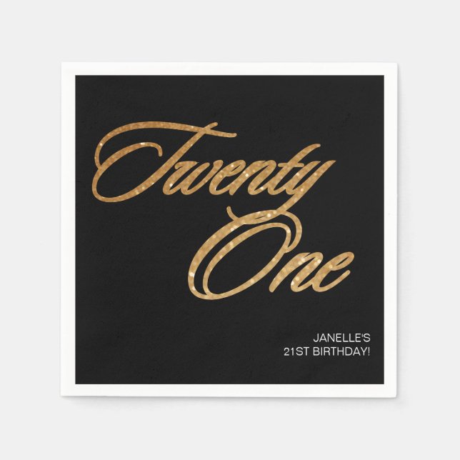 Minimalist Script Black and Gold 21st Birthday Napkin (Front)