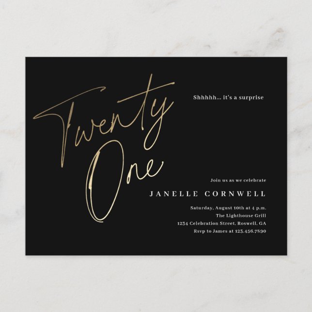 Minimalist Script Black and Gold 21st Birthday Postcard (Front)