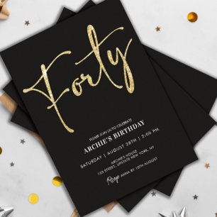 Minimalist Script Black and Gold 40th Birthday Invitation