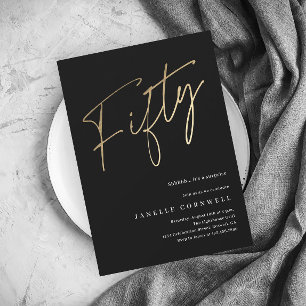 Minimalist Script Black and Gold 50th Birthday Invitation