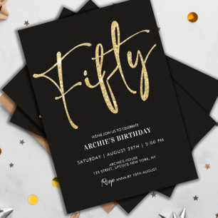 Minimalist Script Black and Gold 50th Birthday Invitation