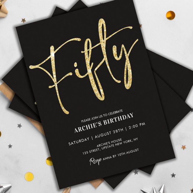 Minimalist Script Black and Gold 50th Birthday Invitation (50th birthday elegant black and gold invitation)