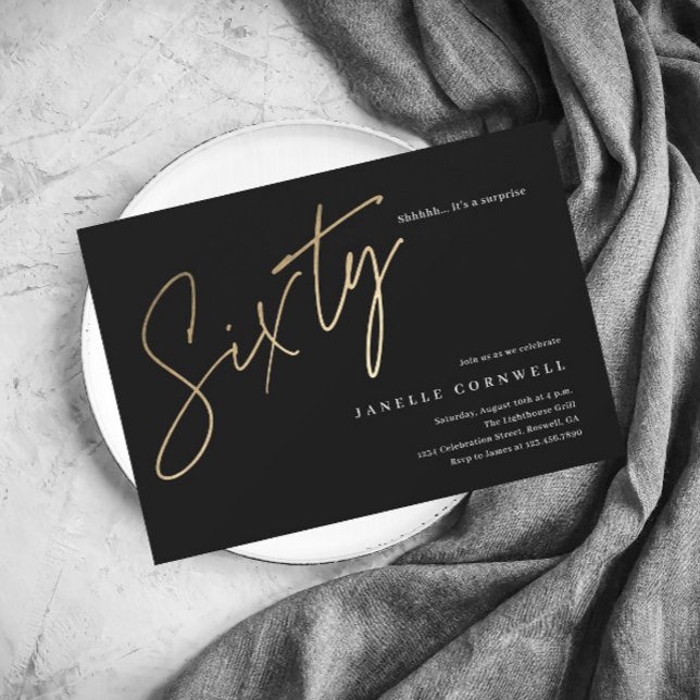 Minimalist Script Black and Gold 60th Birthday Invitation (Creator Uploaded)